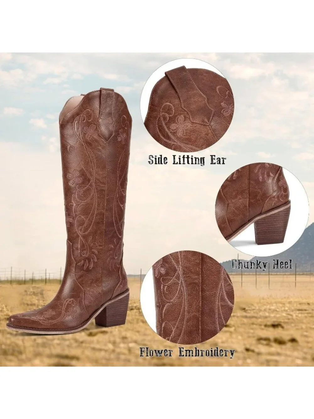 Women's Brown Floral Knee High Cowgirl Boots Embroidered Pointed Toe Chunky Heel
